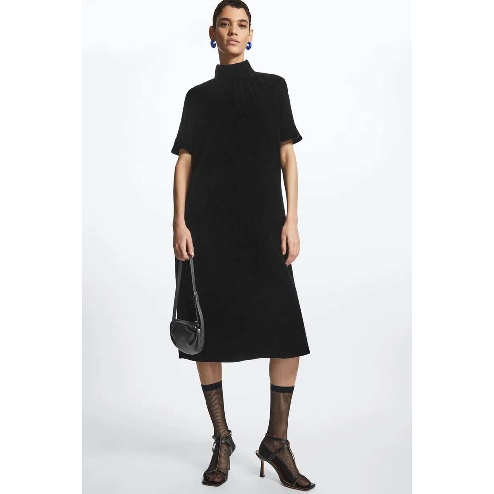 COS Minimalist Quiet Luxury Modest Velvet Midi Dress Size 6 Black Silk Blend NWT
